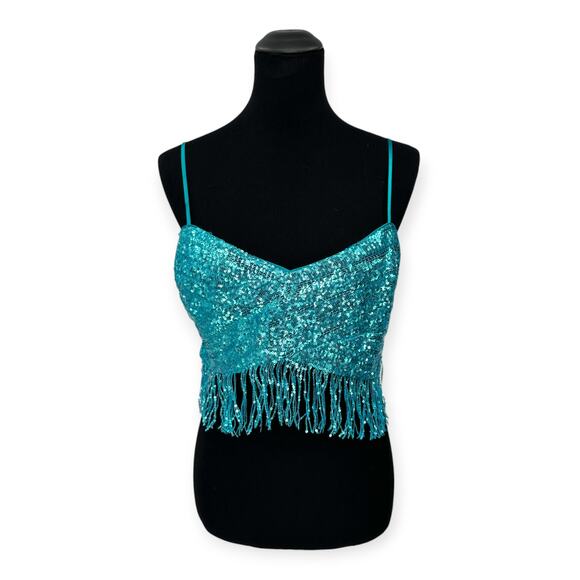 SAYLOR x Revolve | Large | Persephone Sequin Fringe Crop Halter Top in Teal - Picture 4 of 11